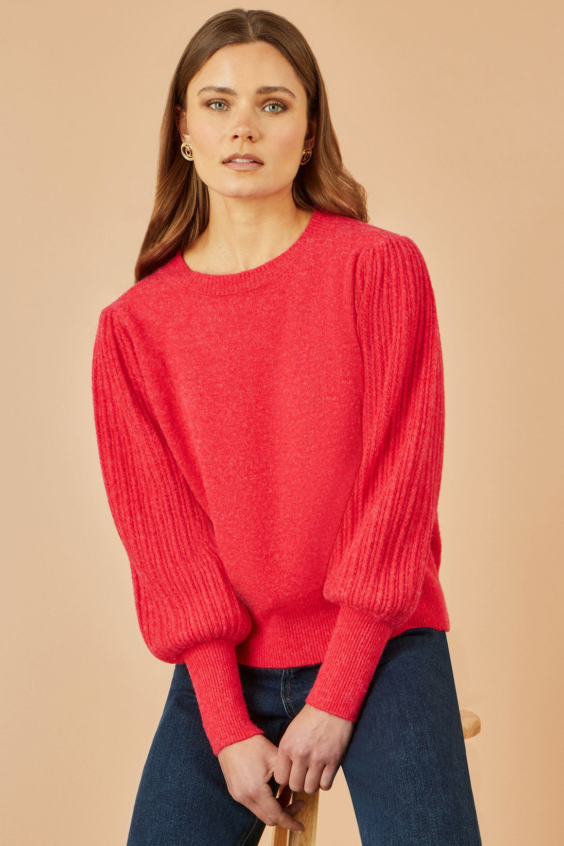 Red Knitted Balloon Sleeve Textured Jumper - Ezeyor