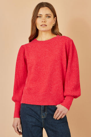 Red Knitted Balloon Sleeve Textured Jumper - Ezeyor