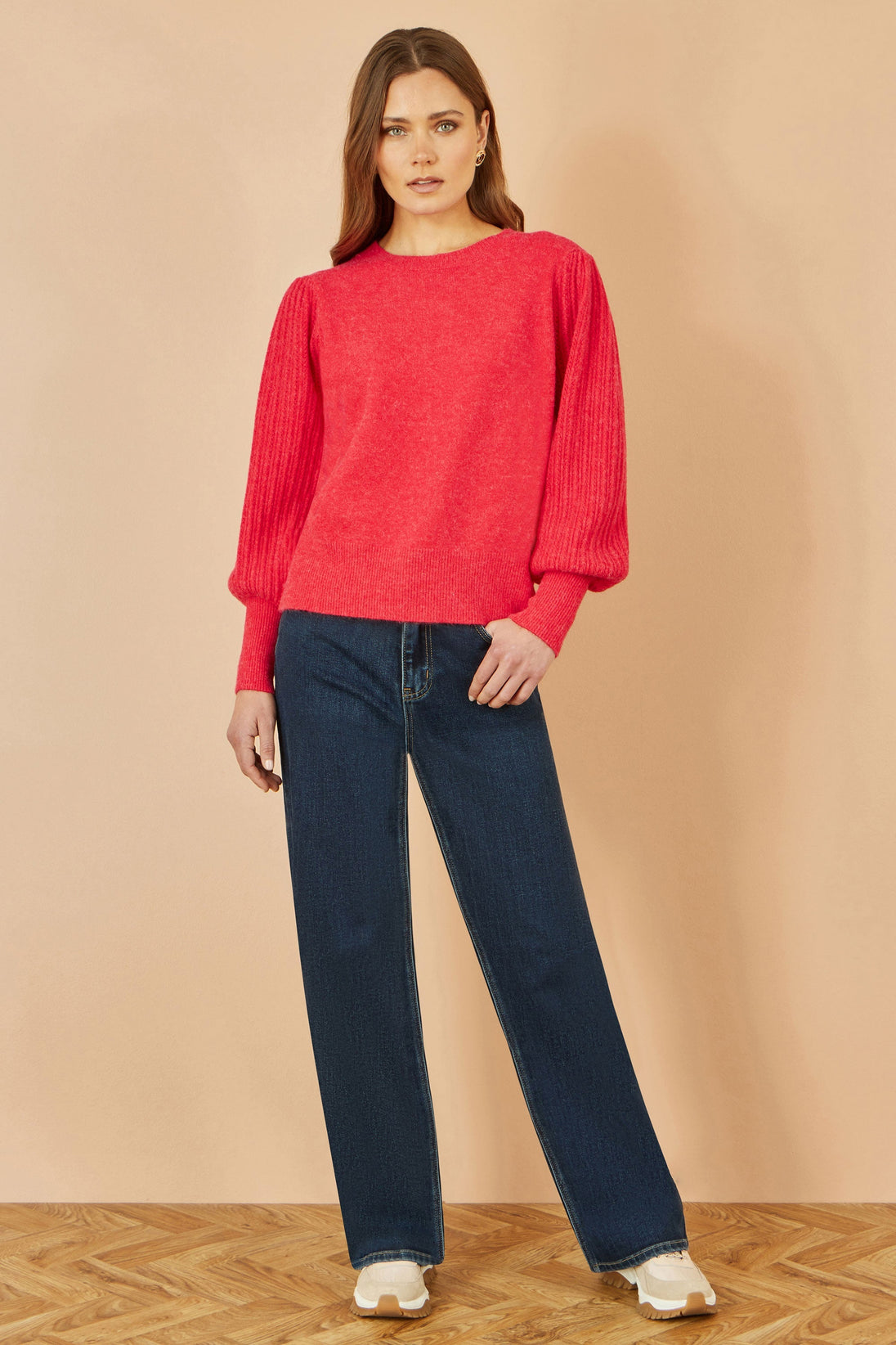 Red Knitted Balloon Sleeve Textured Jumper - Ezeyor