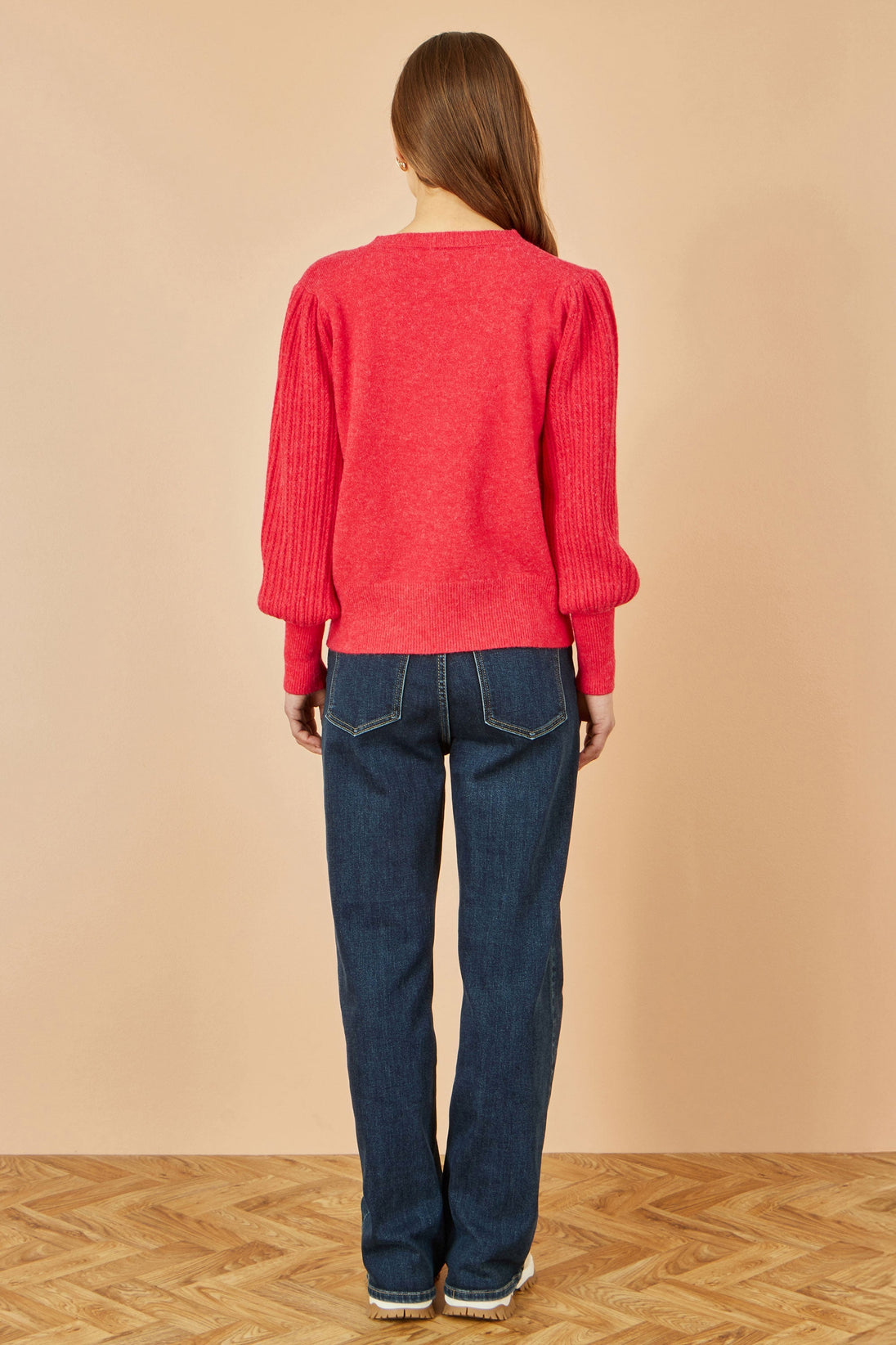 Red Knitted Balloon Sleeve Textured Jumper - Ezeyor