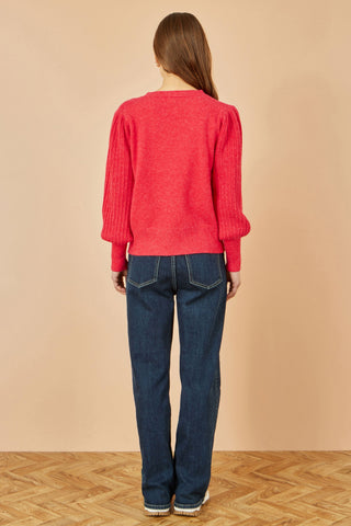 Red Knitted Balloon Sleeve Textured Jumper - Ezeyor