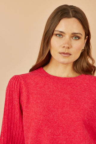 Red Knitted Balloon Sleeve Textured Jumper - Ezeyor