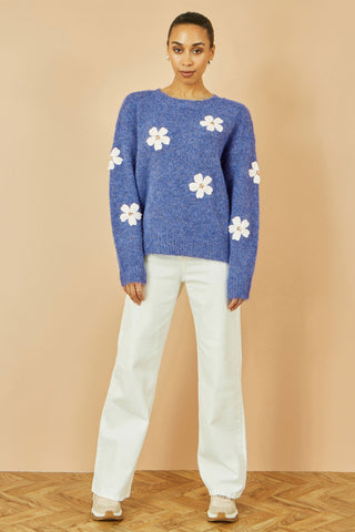 Blue Relaxed Jumper With Crochet Flowers - Ezeyor