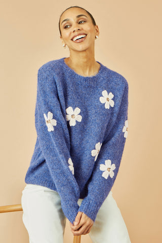 Blue Relaxed Jumper With Crochet Flowers - Ezeyor