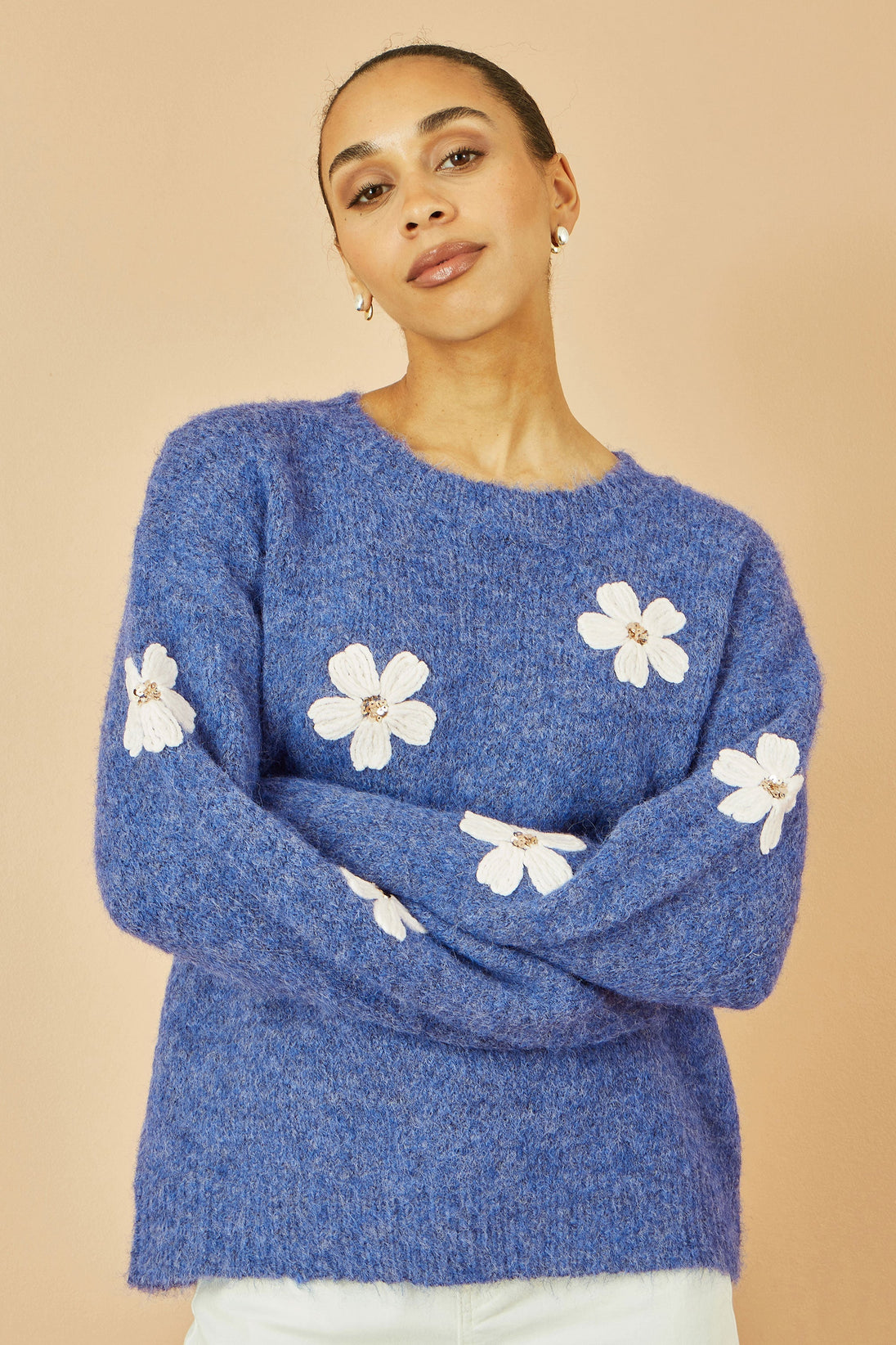 Blue Relaxed Jumper With Crochet Flowers - Ezeyor