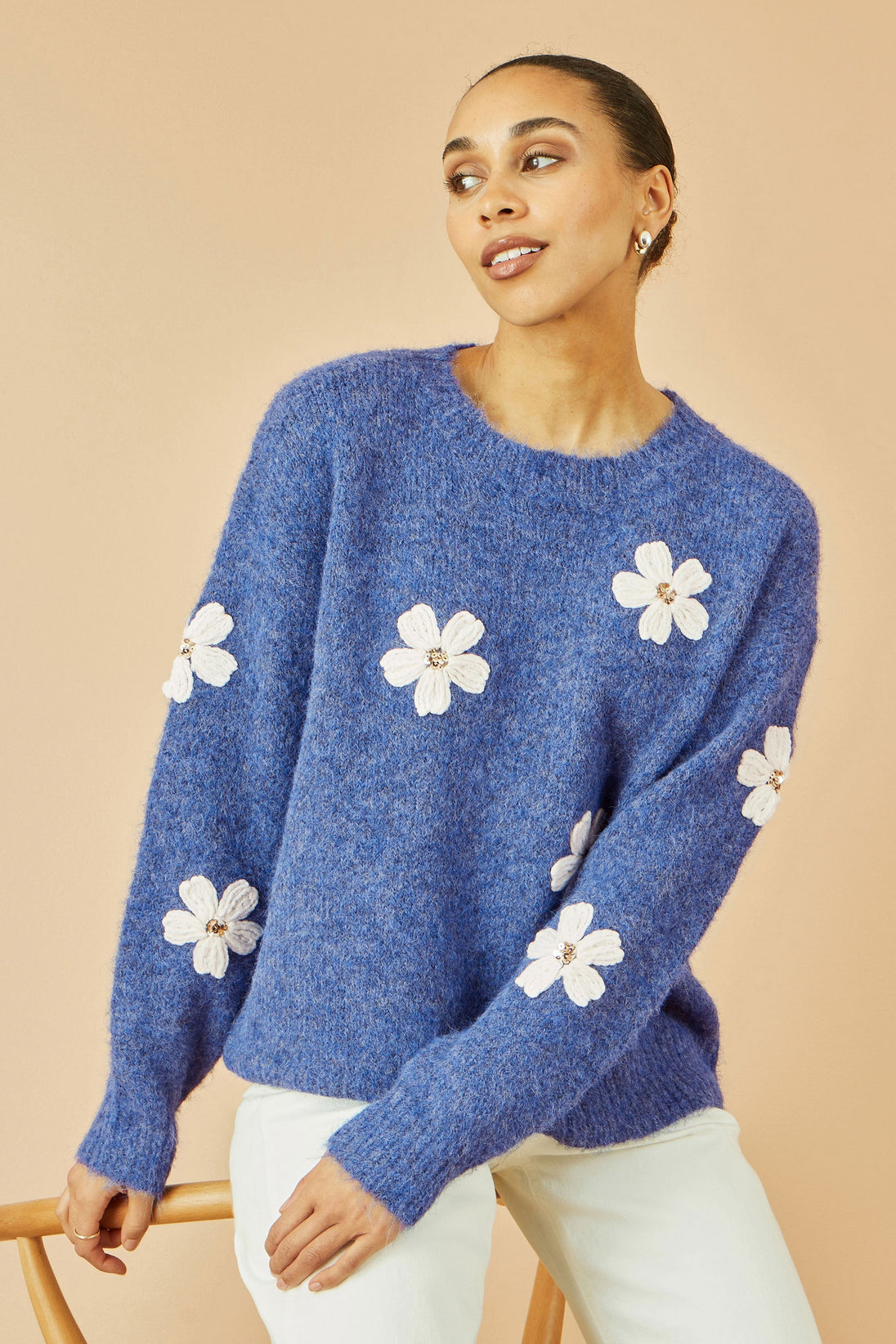Blue Relaxed Jumper With Crochet Flowers - Ezeyor