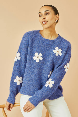 Blue Relaxed Jumper With Crochet Flowers - Ezeyor