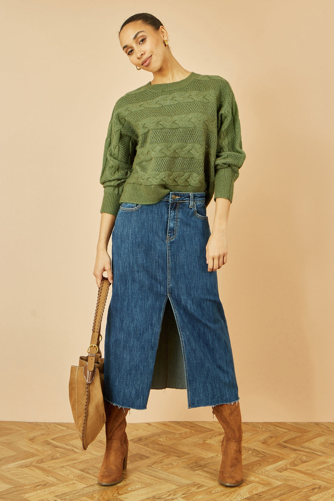 Green Cable Knit Relaxed Fit Jumper Yumi