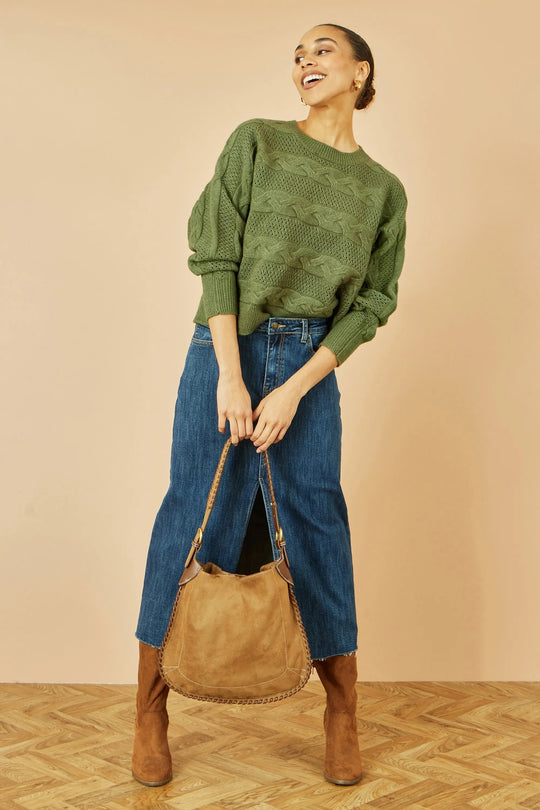 Yumi Green Cable Knit Relaxed Fit Jumper Yumi