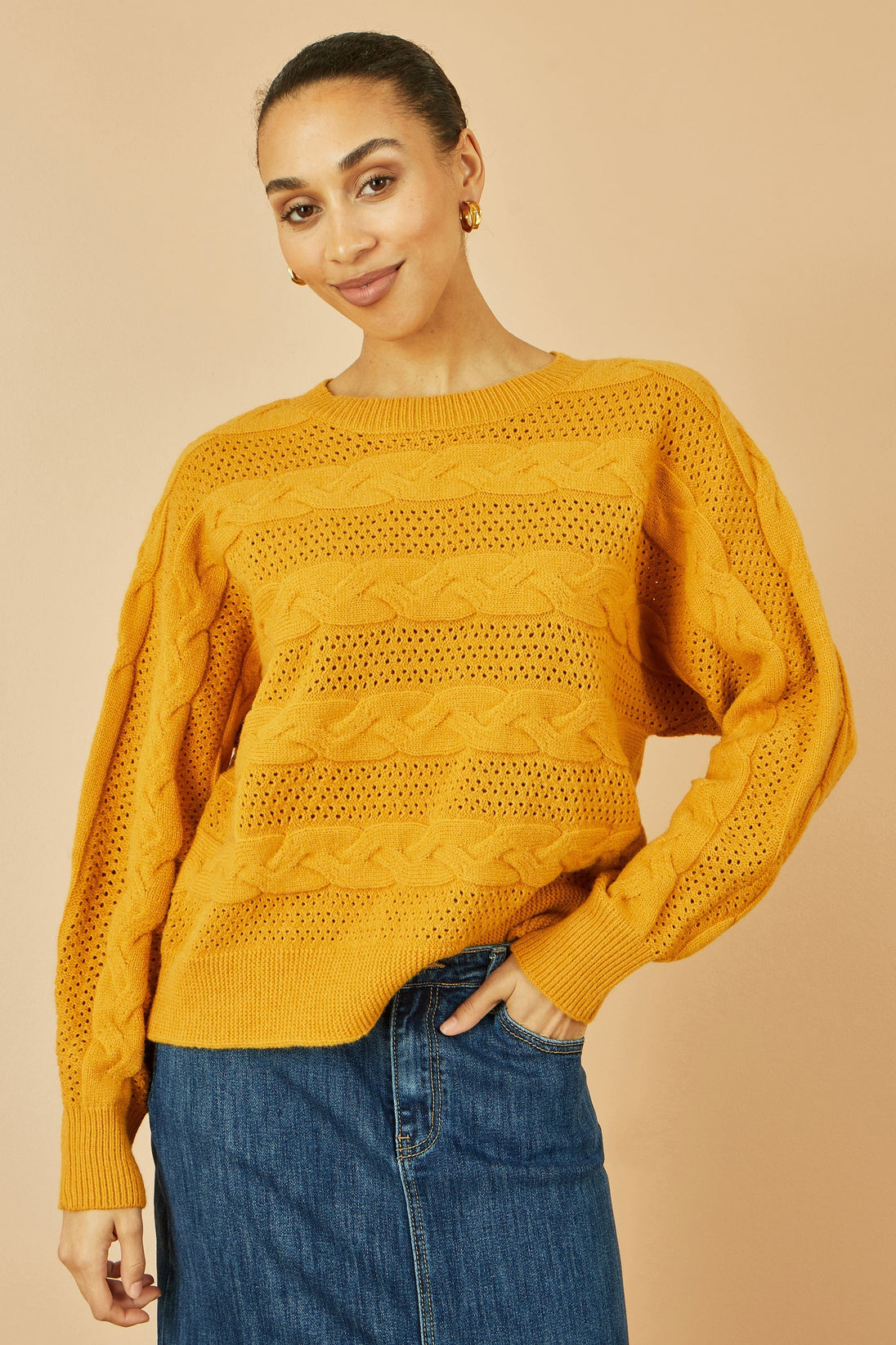 Mustard Cable Knit Relaxed Fit Jumper Yumi