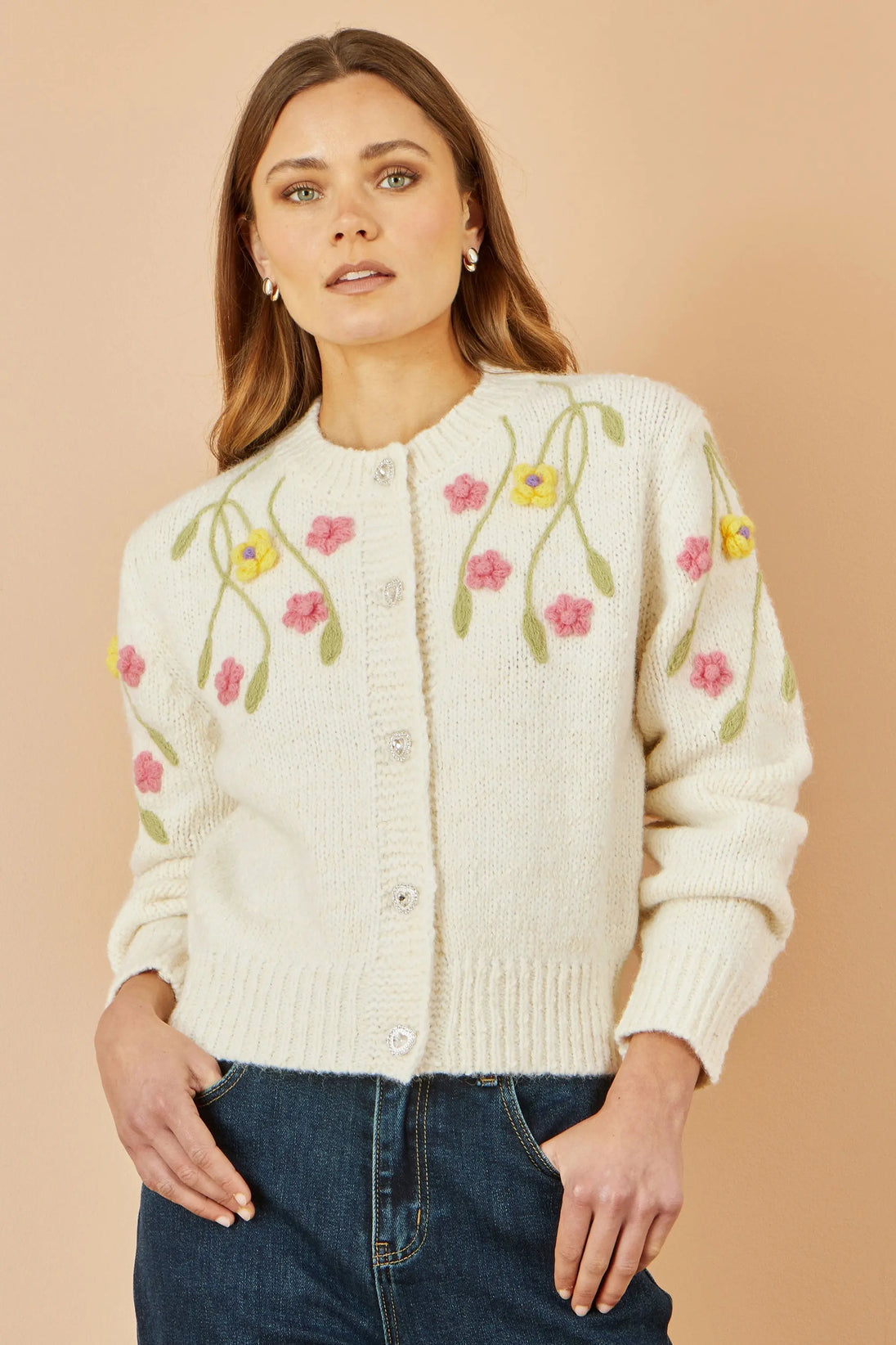Beige Flower Embroidered Chunky Knit Cardigan - Ezeyor