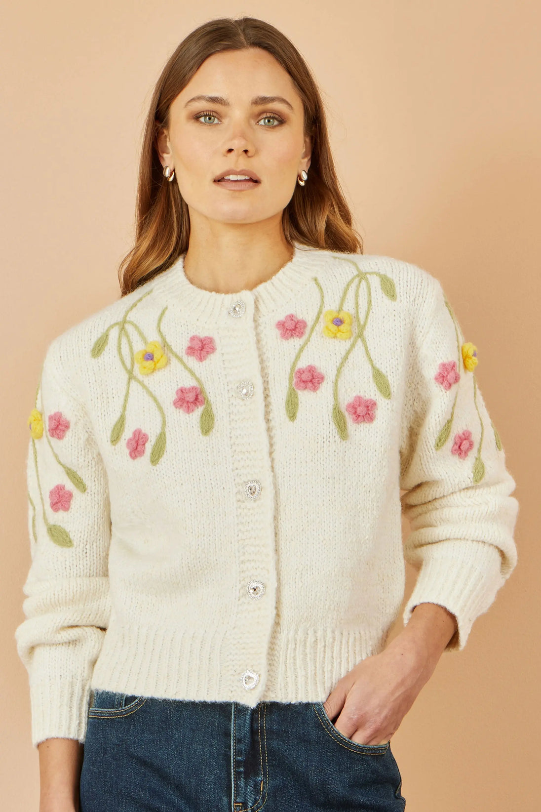 Beige Flower Embroidered Chunky Knit Cardigan - Ezeyor