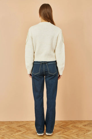 Beige Flower Embroidered Chunky Knit Cardigan - Ezeyor