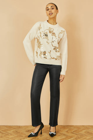 Cream Relaxed Knitted Jumper With Sequin Detail Yumi