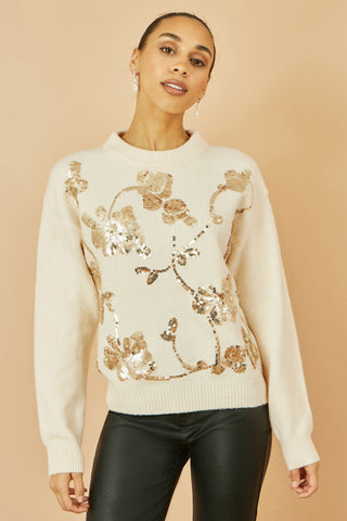 Cream Relaxed Knitted Jumper With Sequin Detail Yumi