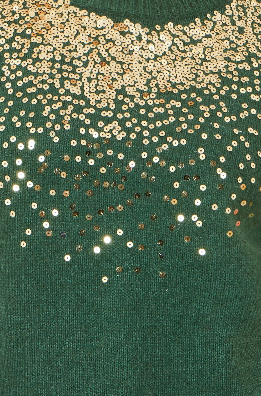 Close-up of green relaxed knitted jumper with scattered sequin neckline detail