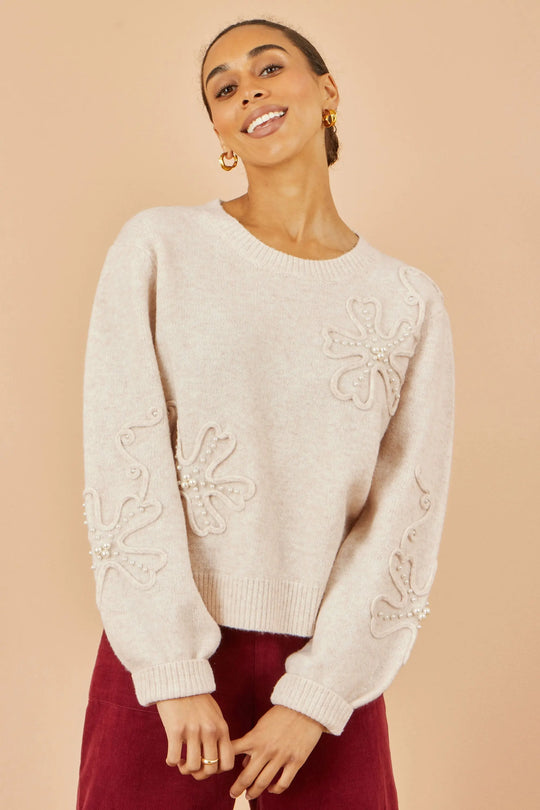 Yumi Oatmeal Knitted Jumper With Floral Applique Yumi