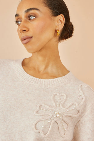 Oatmeal Knitted Jumper With Floral Applique Yumi