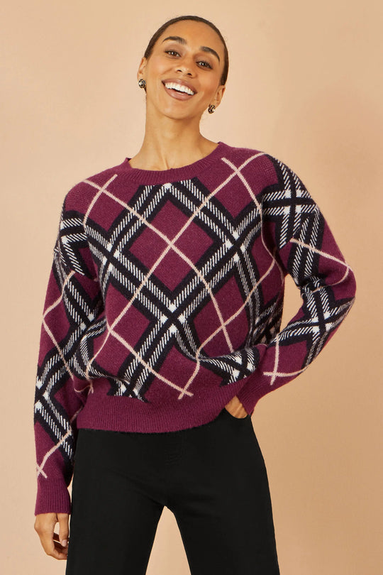 Yumi Burgundy Argyle Check Relaxed Jumper Yumi