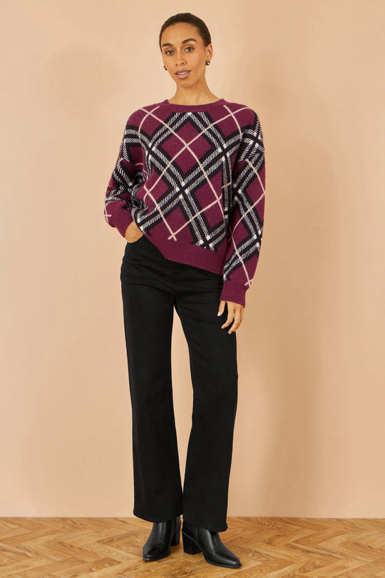 Yumi Burgundy Argyle Check Relaxed Jumper Yumi