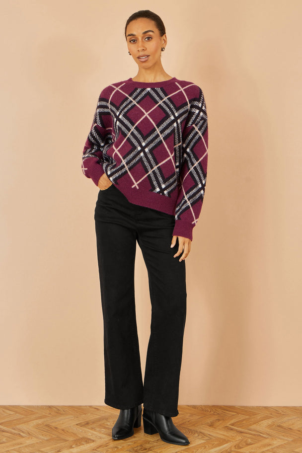 Burgundy Argyle Check Relaxed Jumper Yumi
