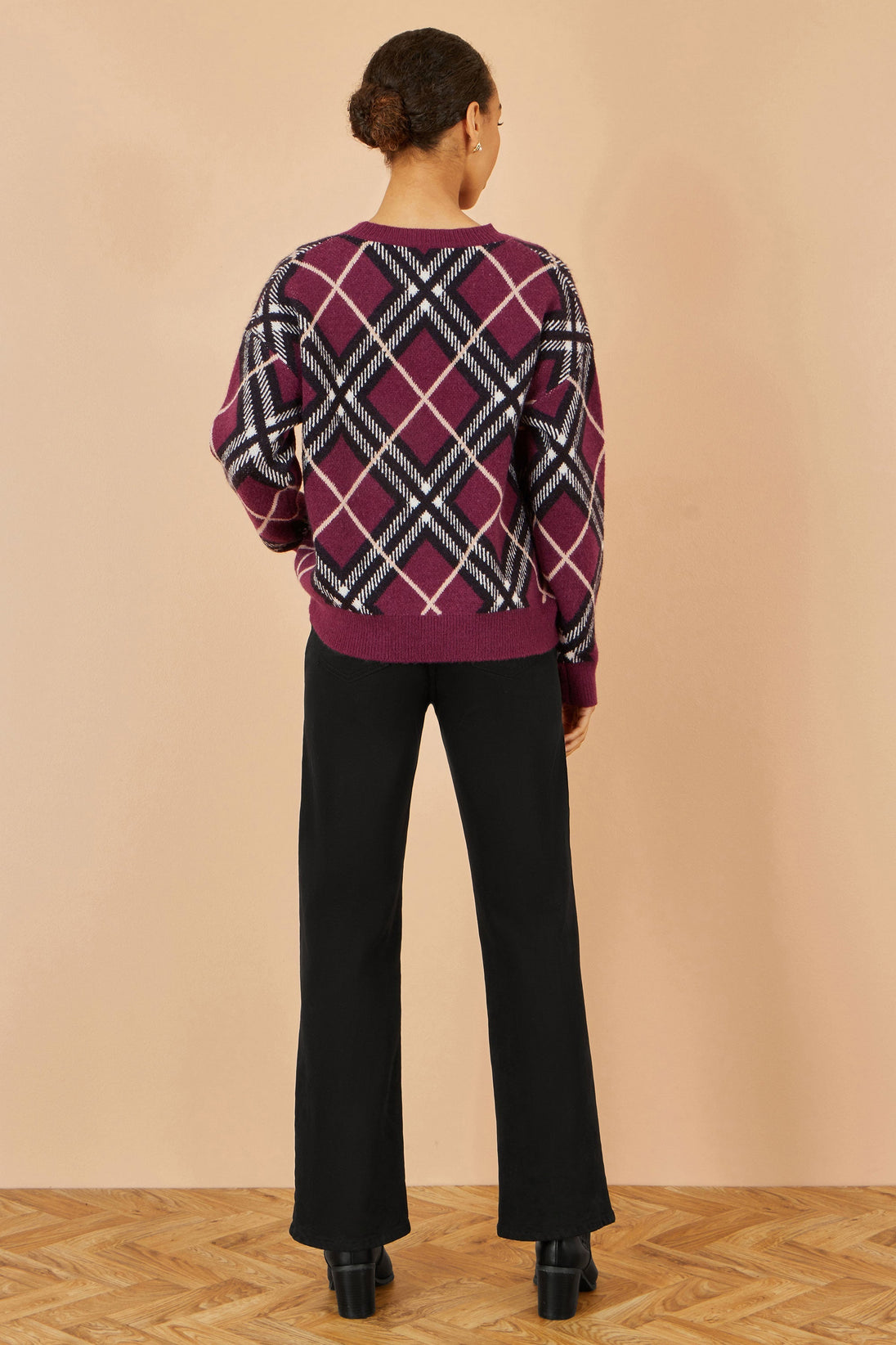 Burgundy Argyle Check Relaxed Jumper Yumi