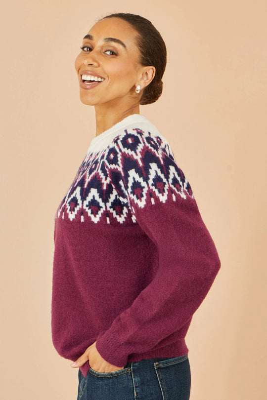 Yumi Burgundy Fair isle relaxed fit knitted jumper with soft knit and geometric pattern on neckline and shoulders