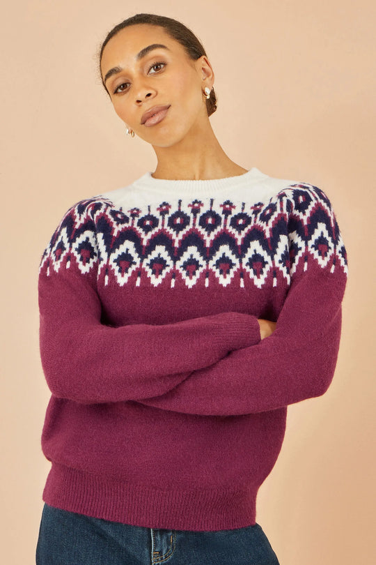 Yumi Burgundy Fair isle knitted jumper with relaxed fit and cosy soft fabric
