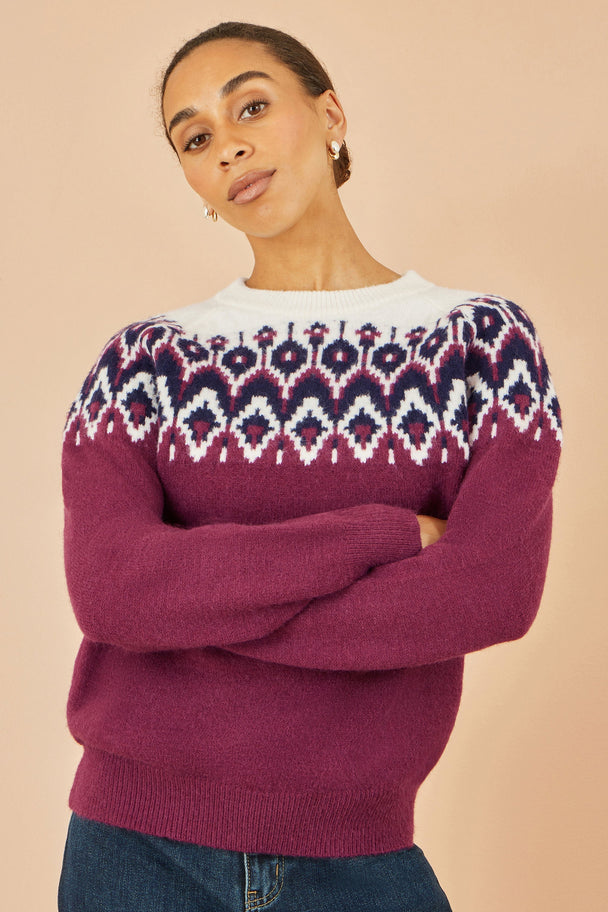 Yumi Burgundy Fair isle knitted jumper with relaxed fit and cosy soft fabric