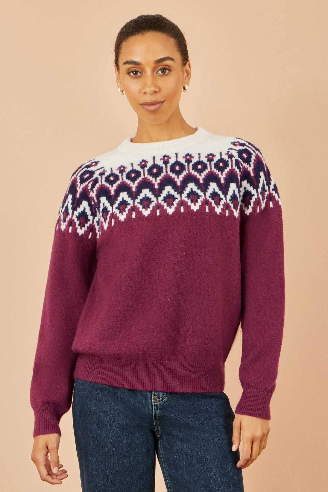 Yumi Burgundy Fair isle knitted jumper with relaxed fit and round neckline, featuring a soft knit and cosy fair isle pattern on shoulders and neckline.