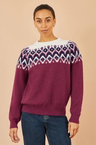 Yumi Burgundy Fair isle knitted jumper with relaxed fit and round neckline, featuring a soft knit and cosy fair isle pattern on shoulders and neckline.