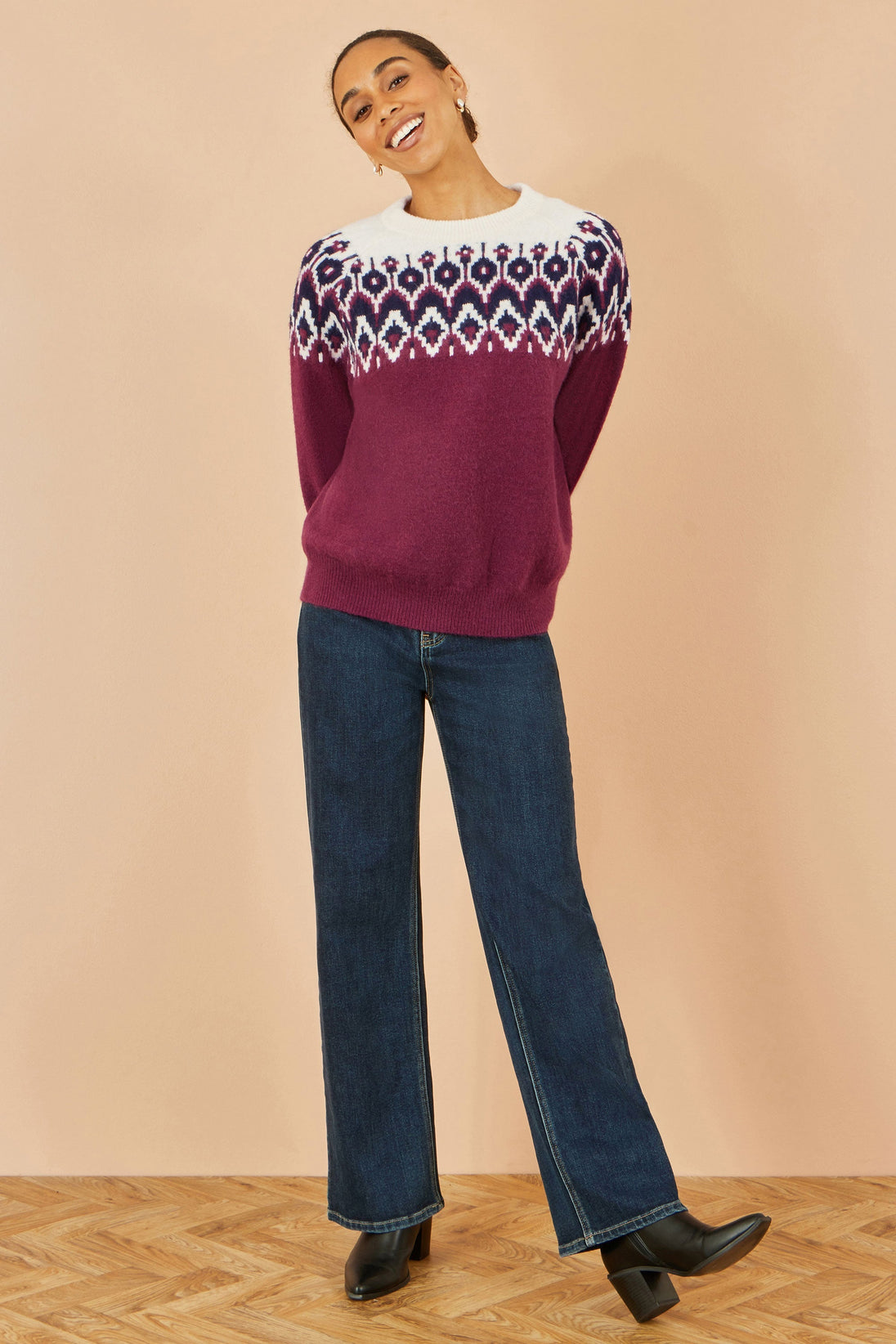 Yumi Burgundy Fair isle relaxed fit knitted jumper with soft knit and patterned neckline
