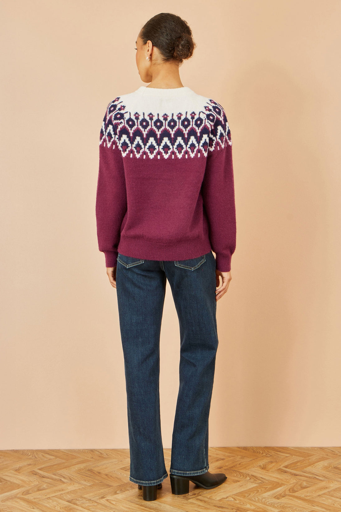 Yumi Burgundy Fair isle knitted jumper with relaxed fit and patterned yoke