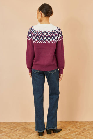 Yumi Burgundy Fair isle knitted jumper with relaxed fit and patterned yoke