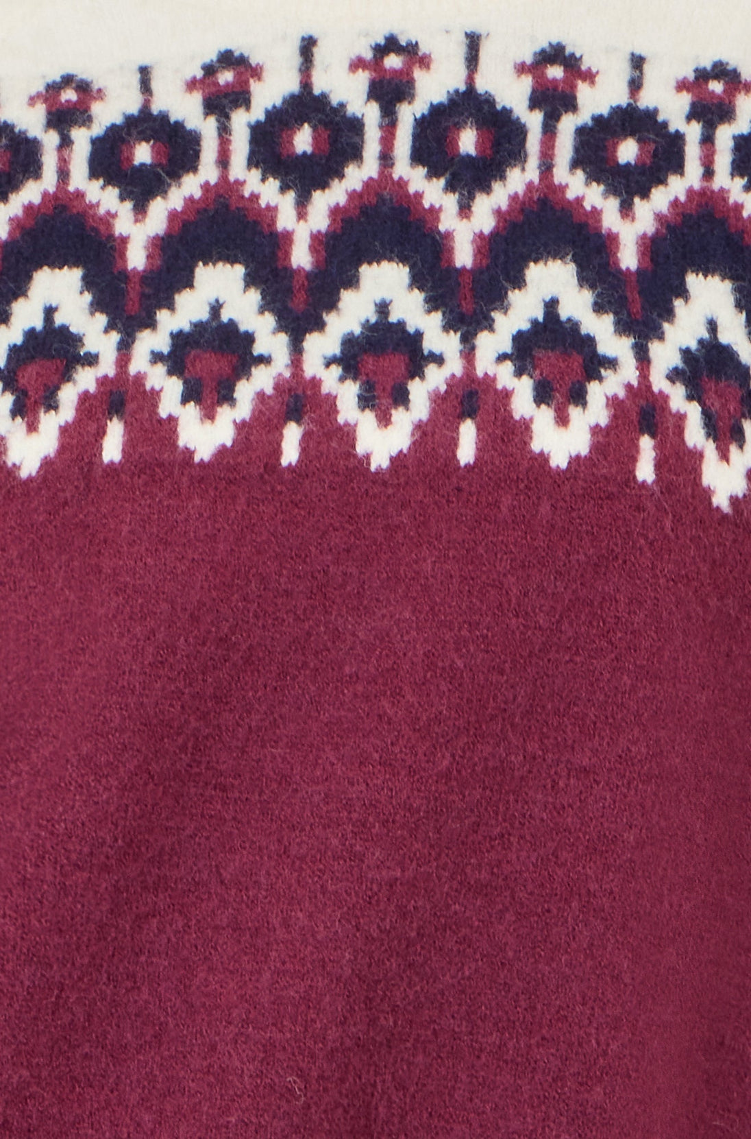 Close-up of Yumi Burgundy Fair isle knitted jumper with fair isle design on neckline and shoulders