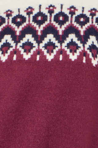 Close-up of Yumi Burgundy Fair isle knitted jumper with fair isle design on neckline and shoulders