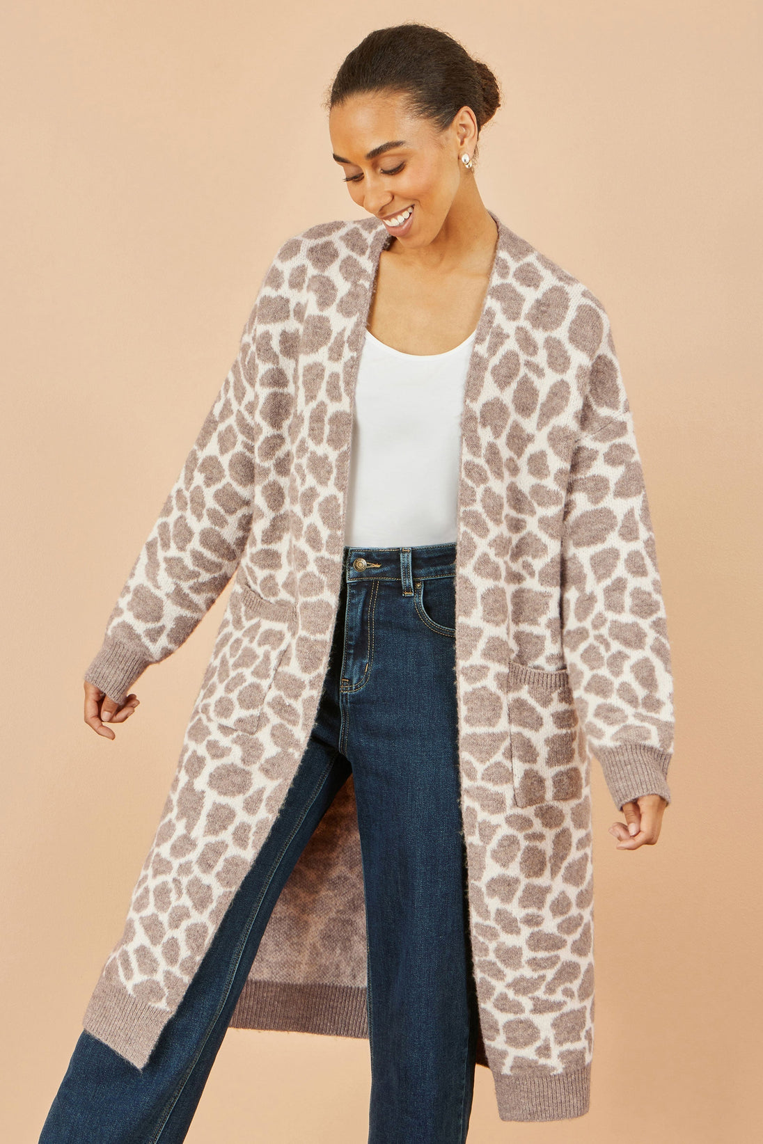 Beige Animal Print Intarsia Long Cardigan Yumi