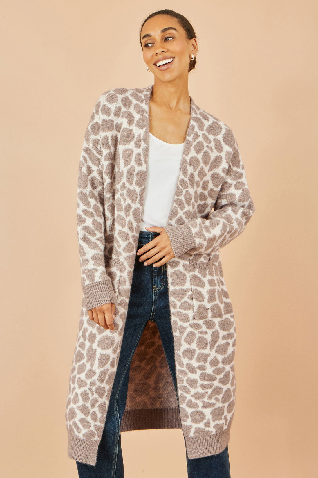 Beige Animal Print Intarsia Long Cardigan Yumi