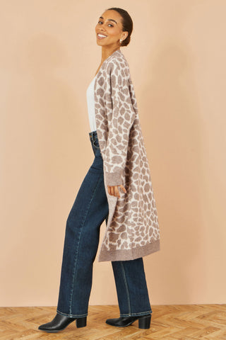Beige Animal Print Intarsia Long Cardigan Yumi
