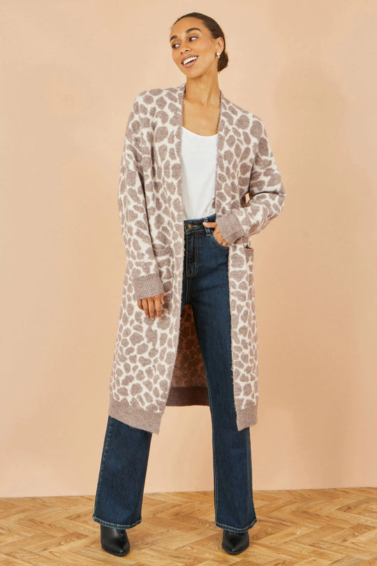 Yumi Beige Animal Print Intarsia Long Cardigan Yumi