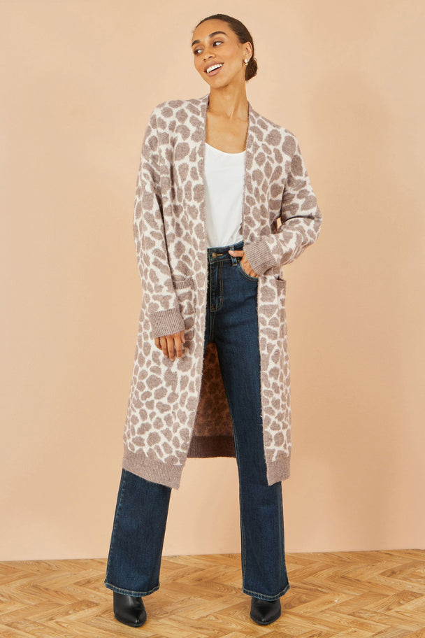 Beige Animal Print Intarsia Long Cardigan Yumi