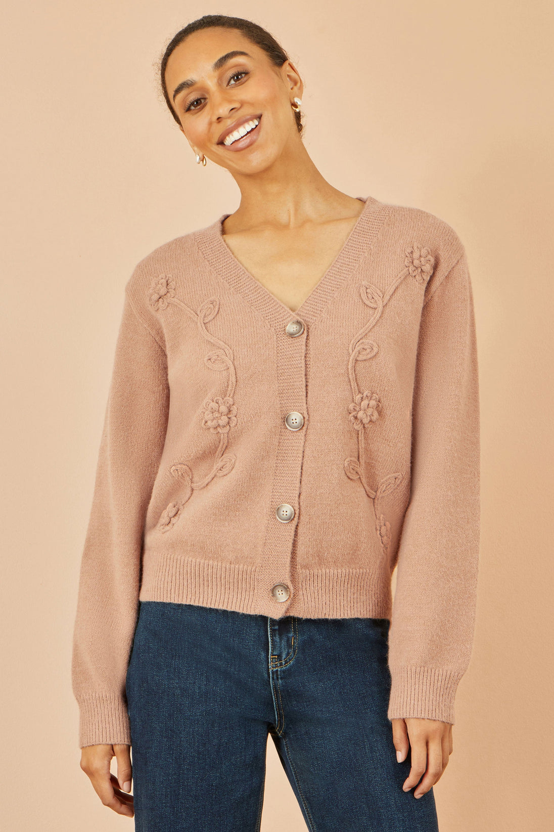 Yumi Brown Floral Embroidered Relaxed Fit Cardigan Yumi