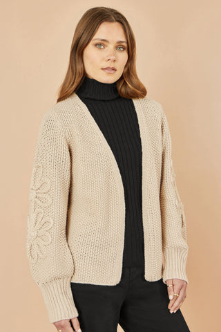 Beige Edge to Edge Cardigan With Flower Detail Sleeves - Ezeyor