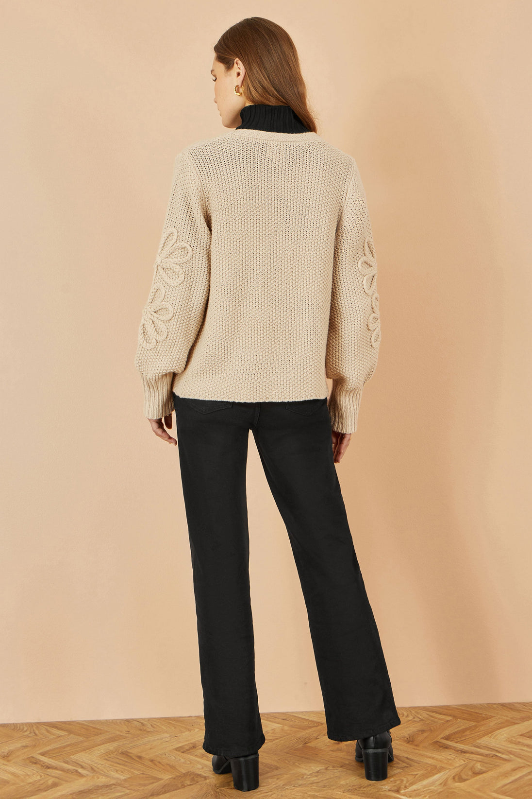 Beige Edge to Edge Cardigan With Flower Detail Sleeves - Ezeyor