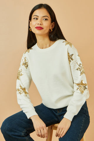 White Relaxed Fit Jumper With Sequin Star Sleeves Yumi