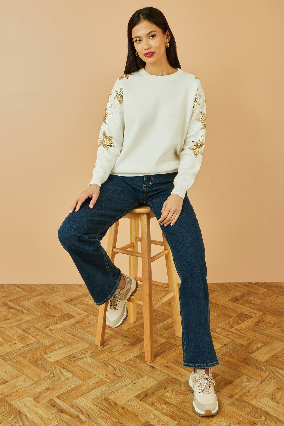 White Relaxed Fit Jumper With Sequin Star Sleeves Yumi