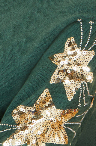 Yumi green relaxed fit jumper with gold sequin star sleeve detail
