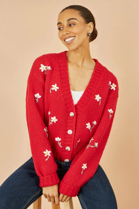 Yumi Red Hand Embroidered Chunky Knitted Cardigan Yumi