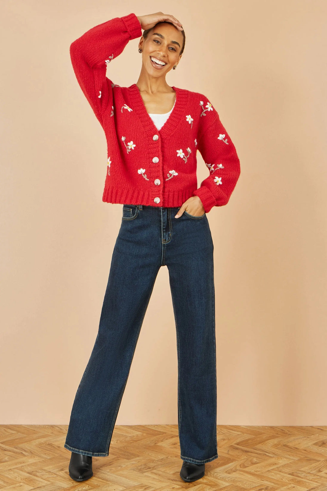 Yumi Red Hand Embroidered Chunky Knitted Cardigan Yumi