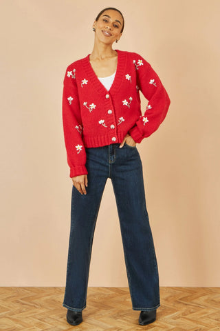 Yumi Red Hand Embroidered Chunky Knitted Cardigan Yumi